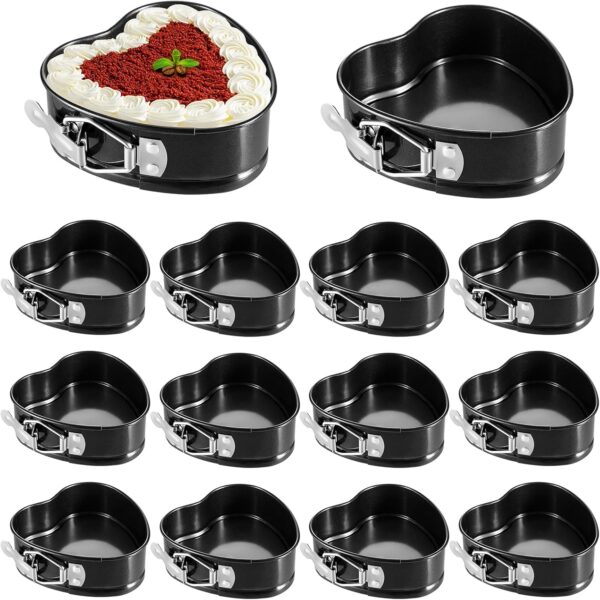 Hoolerry 12 Pcs Mini Heart Springform Pan 4 Inch Heart Shape Mini Cheesecake Pans Non Stick Cake Mold Small Cake Mold with Drop Bottom for Air Fryer Pressure Cooker Baking (Black)