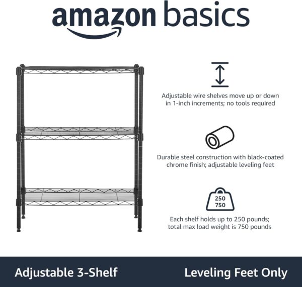 Amazon Basics 3-Shelf Adjustable Heavy Duty Steel Wire Rack Storage Shelving Organizer for Kitchen, Garage, 23.2" L x 13.4" W x 30" H, Black - Image 2