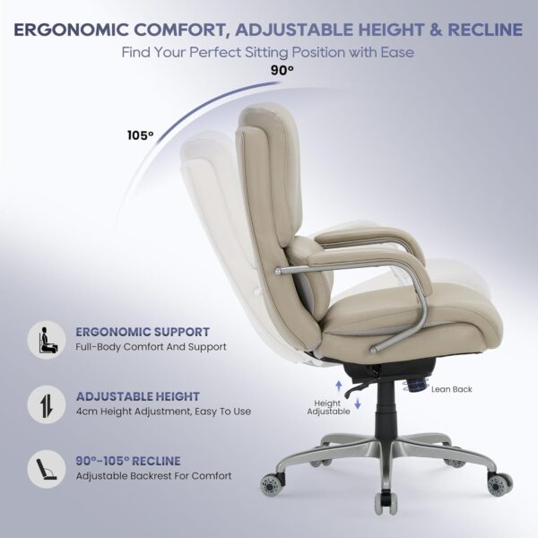 Executive Leather Office Chair – Ergonomic High-Back Desk Chair with Lumbar Support, Flip-up Arms, Adjustable Height, Silent Wheels, Padded Cushion for Home & Office Use,Beige - Image 6
