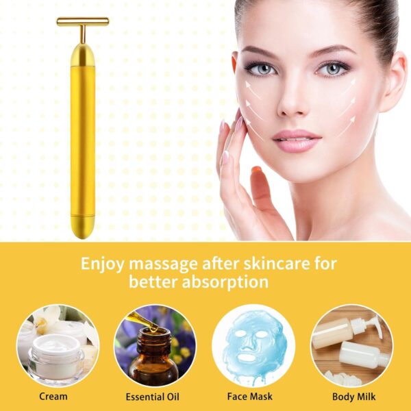 Aubric Face Massager Electric Beauty Bar 24k Golden Facial Massage Tool, T-Shape Electric Vibrating Wand Face Neck Skin Firming Lifting Tighting Wrinkles Reducing Body Treatment Anti Aging Device - Image 5