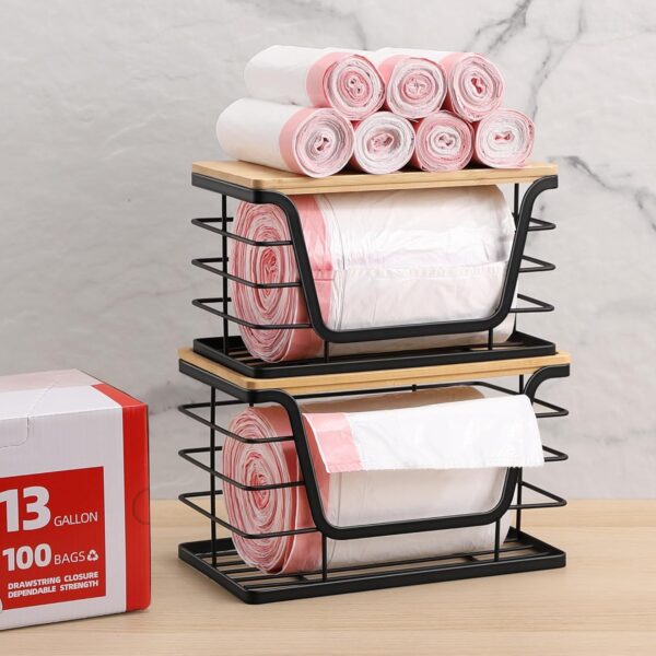 2 Pack Storage Stackable Kitchen Laundry Organizers with Bamboo Top, Wall Mount Large Trash Bag Holder and Standard Garbage Bag Dispenser - Image 2