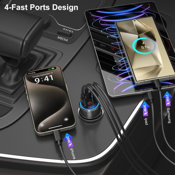 5 Pack USB C Car Charger, 4-Port 65W Car Power Adapter with Voltmeter QC+PD 3.0 Fast Charging Cigarette Lighter USB Charger for iPhone 16/15/14/13/12 Pro Max,Galaxy S25/S24,Android(Black) - Image 4
