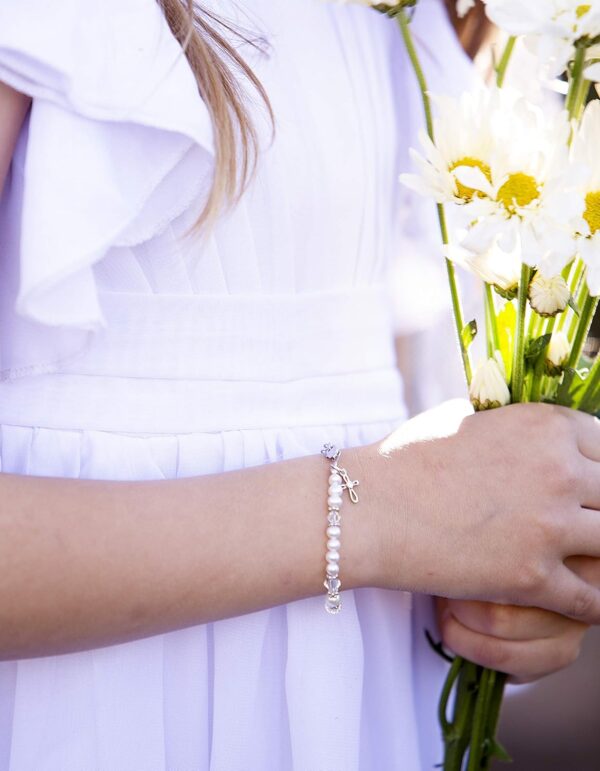 Cherished Moments Personalized Baptism to Bride Cross Bracelet Gift for Girls with Engraved Heart in Sterling Silver and Cultured Pearl - Image 4
