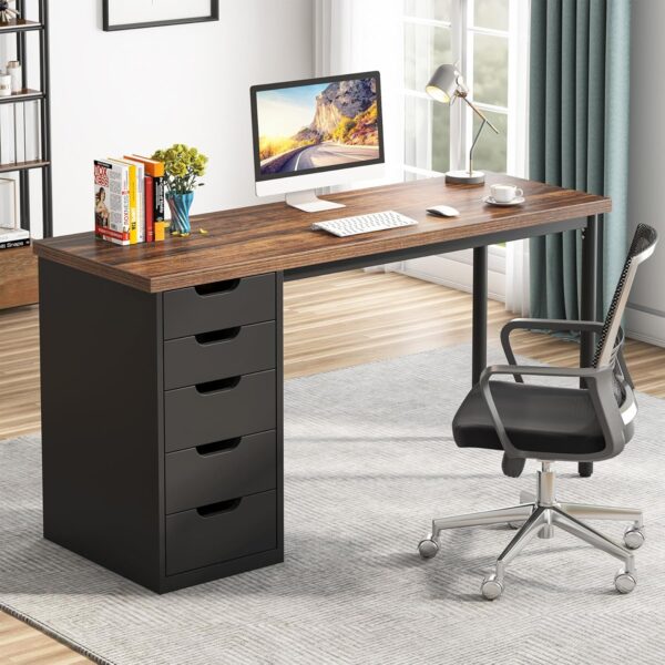 Tribesigns Computer Desk with 5 Drawers, 47 inches Rustic Brown Home Office Desk with Storage, Modern Simple Laptop Desk Study Writing Table for Small Spaces (1, Brown+Black) - Image 3