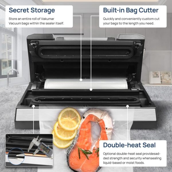 Liquid Vacuum Sealer Machine, 90Kpa Vacuum Sealer Machine Preservation Dry/Moist/Liquid Modes, LED Indicator Light, Handle Locked Design, Built-in Cutter and Bag Storage, Removable Drip Tray - Image 3