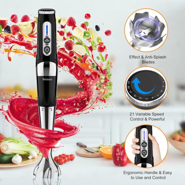 Cordless Hand Blender: 4-in-1 USB Rechargeable Immersion Blender, 21 Variable Speeds & 3-Angle Adjustable with 700ml Chopper, 700ml Beaker, Egg Whisk and Beater for Smoothies, Soup, Baby Food (Black) - Image 5