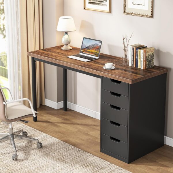 Tribesigns Computer Desk with 5 Drawers, 47 inches Rustic Brown Home Office Desk with Storage, Modern Simple Laptop Desk Study Writing Table for Small Spaces (1, Brown+Black) - Image 5