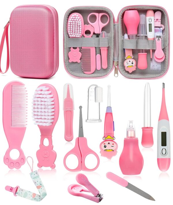 Baby Healthcare and Grooming Kit, Safety Newborn Nursery Baby Care Kit, with Hair Brush Comb, Nail Clipper, Thermometer, Pacifier Clip, Baby Registry Search, Newborn Essentials Girls Boys (Pink)