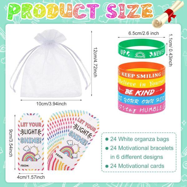 Liliful 72 Pcs Motivational Wristbands Gifts Set for Students, Back to School Gifts Colored Inspirational Silicone Bracelets with Inspirational Cards Organza Bags Classroom Goodie Bag Fillers - Image 2