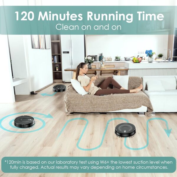W6+ Robot Vacuum Cleaner,2800Pa Suction,720ml Large Capacity,120 Mins Runtime,Self-Charging Slim Robotic Vacuums,APP/Voice/Remote Control,No Entanglement Suction Port Ideal for Pet (Black) - Image 7