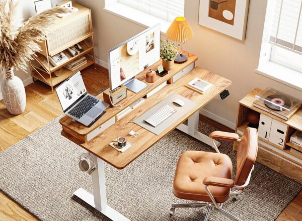 BANTI 48x24 Inch Electric Standing Desk with Double Drawers, Adjustable Height Stand Up Desk, Sit Stand Home Office Desk with Storage Shelf, Light Wood Top - Image 2