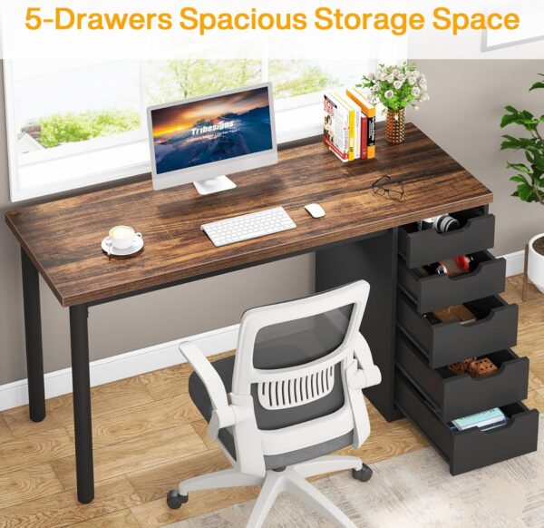 Tribesigns Computer Desk with 5 Drawers, 47 inches Rustic Brown Home Office Desk with Storage, Modern Simple Laptop Desk Study Writing Table for Small Spaces (1, Brown+Black) - Image 4