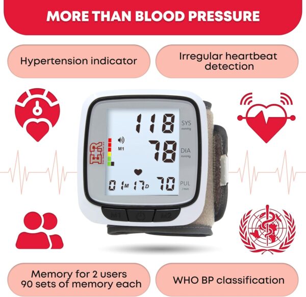 Ever Ready First Aid Fully Automatic Blood Pressure Wrist Cuff Watch Wearable Monitor for Home Use - Black- Batteries Included - Image 3