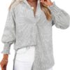 Womens Striped Button Down Shirts Smocked Long Puff Sleeve Oversized Boyfriend Blouses Loose Pocket Office Work Tops