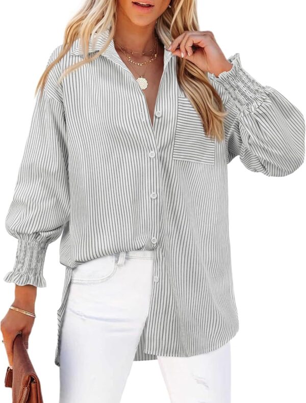 Womens Striped Button Down Shirts Smocked Long Puff Sleeve Oversized Boyfriend Blouses Loose Pocket Office Work Tops