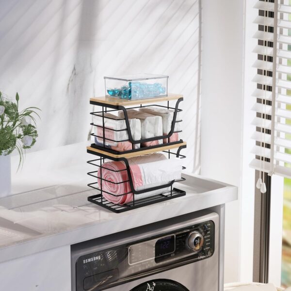 2 Pack Storage Stackable Kitchen Laundry Organizers with Bamboo Top, Wall Mount Large Trash Bag Holder and Standard Garbage Bag Dispenser - Image 5