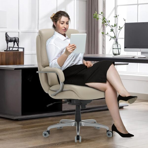 Executive Leather Office Chair – Ergonomic High-Back Desk Chair with Lumbar Support, Flip-up Arms, Adjustable Height, Silent Wheels, Padded Cushion for Home & Office Use,Beige - Image 2