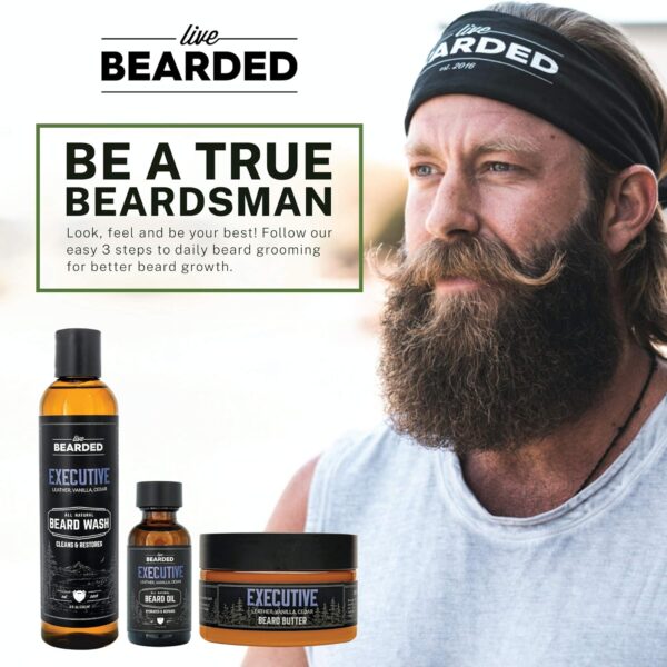 Live Bearded 3-Step Beard Grooming Kit - Wash, Oil and Butter - Made in The USA - All-Natural Ingredients with Shea, Jojoba - Growth Support | Executive Scent - Cedar, Vanilla - Image 3