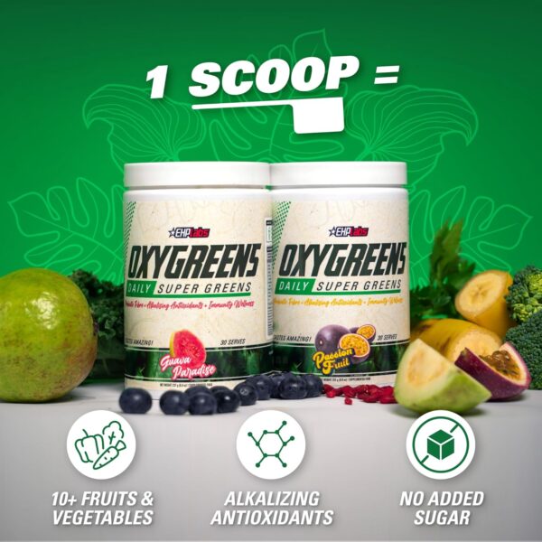 EHP Labs OxyGreens Super Greens Powder - Spirulina & Chlorella Superfood, Green Juice Powder & Greens Supplements with Prebiotic Fibre, Antioxidants & Immunity Support, 30 Serves (Strawb. Margarita) - Image 4