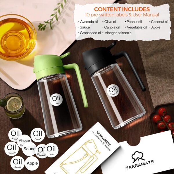 YARRAMATE Olive Oil Dispenser, 2 in 1 Oil Sprayer for Cooking, 16oz/470ml Glass Oil Spray Bottle with Pourer, Food-grade Oil Dispenser and Oil Sprayer for Kitchen, Salad, Frying, BBQ (Black & Green) - Image 2