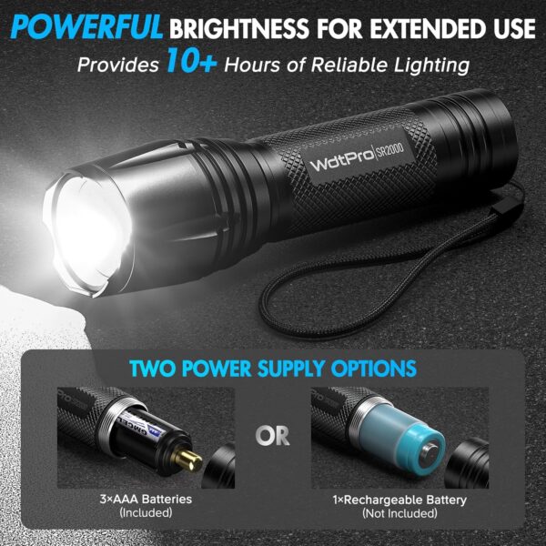 WdtPro LED Flashlight High Lumens SR2000 Pro, 2 Pack Brighter Tactical Flashlights with 5 Modes & Zoomable, Powerful Mini Flash Light for Emergency, Camping, Hiking (Black) - Image 5
