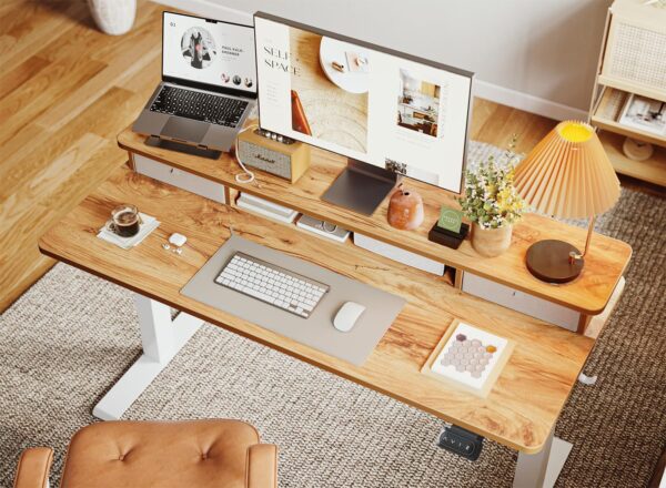 BANTI 48x24 Inch Electric Standing Desk with Double Drawers, Adjustable Height Stand Up Desk, Sit Stand Home Office Desk with Storage Shelf, Light Wood Top - Image 4