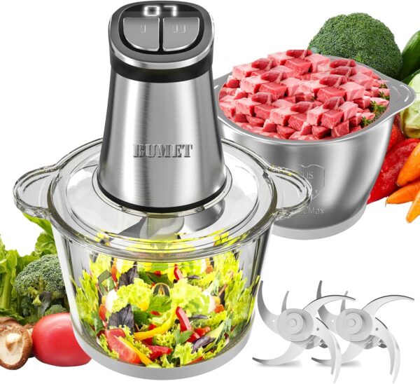 Electric Food Processor Meat Grinder 800W 2x12cups LED Timer Electric Food Chopper Vegetable chopper 3 layers 6 blades for Mincing Puree for home use kitchen aid for pet food,baby food by BUMET