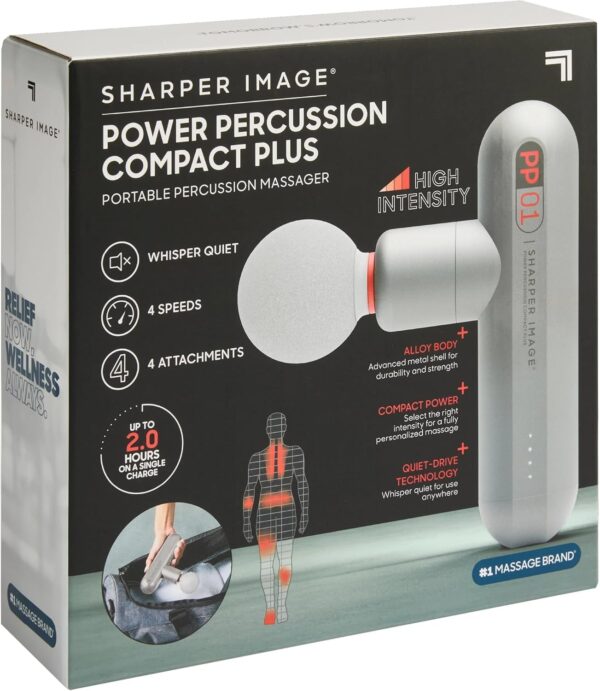 Sharper Image Deep Tissue Percussion Massage Gun, Compact Plus, Back & Muscle Massager with 4 Attachments - Handheld Rechargeable Massage Gun for Athletes, Silver (Renewed) - Image 6