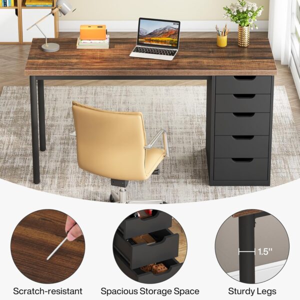 Tribesigns Computer Desk with 5 Drawers, 47 inches Rustic Brown Home Office Desk with Storage, Modern Simple Laptop Desk Study Writing Table for Small Spaces (1, Brown+Black) - Image 9