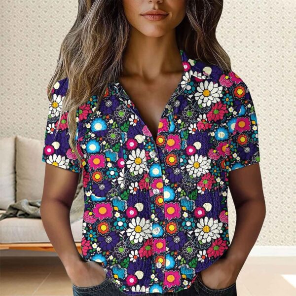 Women's Blouse,Womens Button Down Casual Shirts Cotton Short Sleeve Floral Blouses Summer Tops with Pocket - Image 3