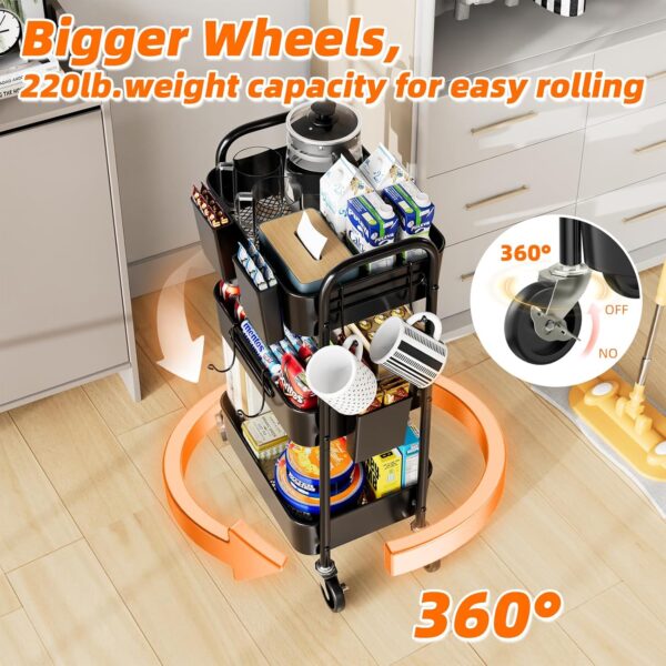Simple Trending 3 Tier Metal Cart on Wheels, Heavy Duty Rolling Storage Cart with 3 Box and Hooks for Kitchen to Organize Books Snacks Tools, Black - Image 3