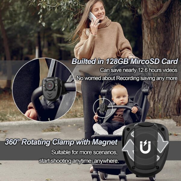 Mini Body Camera Video Recorder Built-in 128GB Memory Card with Night Vision IR & Loop Record HD 1080P, 4-6 HR Battery Life Wearable Police Cam for Home, Outdoor, Law Enforcement, Security Guard - Image 5