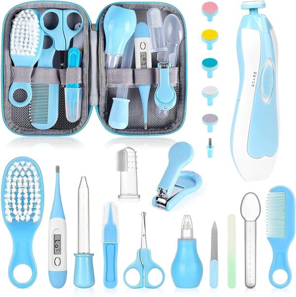 Baby Grooming Kit, Infant Safety Care Set with Hair Brush Comb Nail Clipper Nasal Aspirator,Baby Essentials Kit for Newborn Girls Boys (Blue-20 in 1)