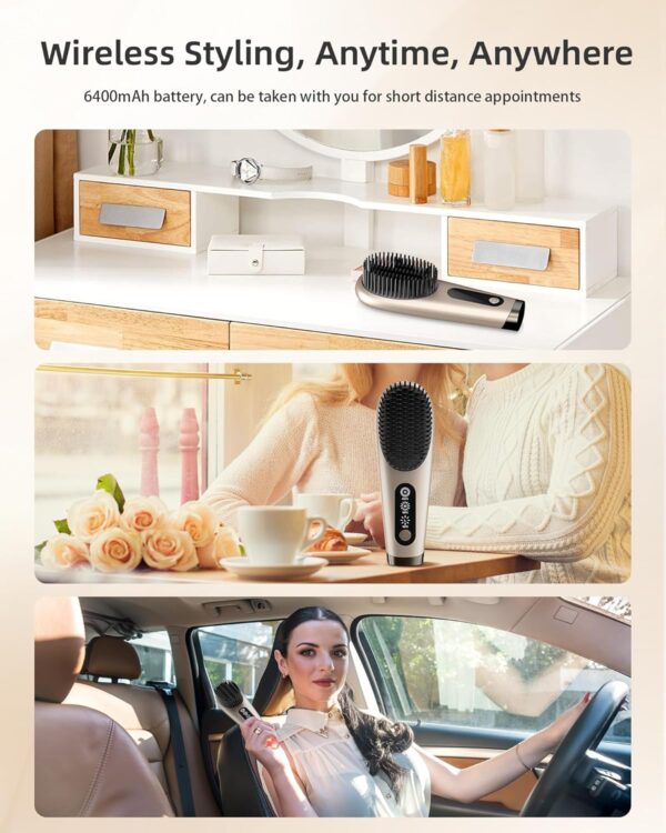 Portable Hot Brush Hair Straightener, 6400mAh USB Rechargeable Mini Hair Straightening Brush for Traveling, Cordless Hair Comb High Level Negative Ions, Intelligent Thermal Sensor - Image 7