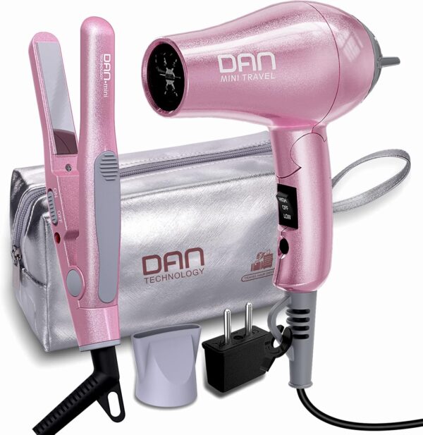 DAN Technology Flat Iron Blow Dryer Set, Small Flat Irons with Travel case, Concentrator Nozzle & EU Plug Adapter, Dual Voltage & Folding Handle, Pro Hair Dryer Set…
