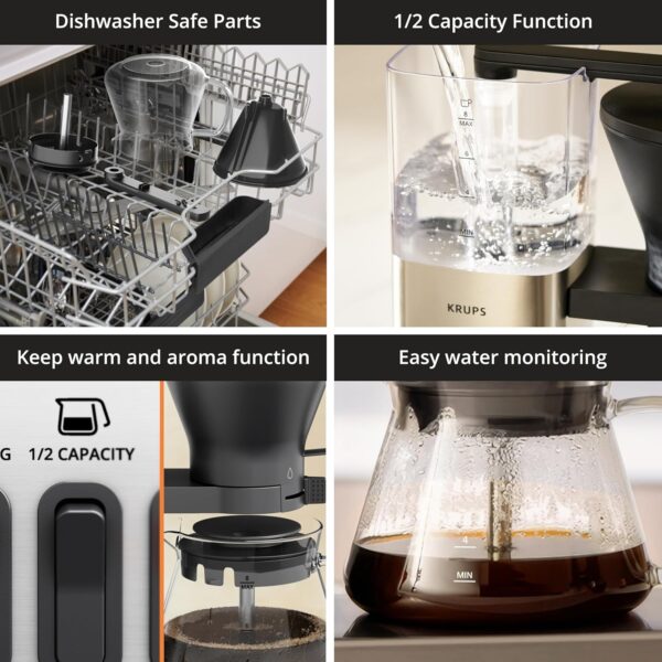 KRUPS Essential Brewer 8 Cup Drip Coffee Maker Machine SCA-Certified, Blooming Technology, Barista-Quality Precise Brewing, Stainless Steel Design and Aroma Tube, Easy to Clean Dishwasher Safe, Silver - Image 7