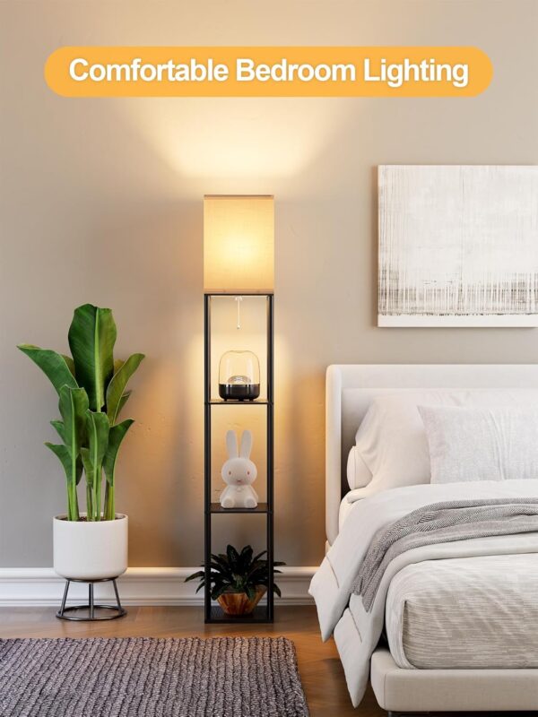 Floor Lamp with Shelves for Living Room, Shelf Floor Lamp with 3 CCT LED Bulb, Corner Display Standing Column Lamp Etagere Organizer Tower Nightstand with White Linen Shade for Bedroom, Office - Image 5