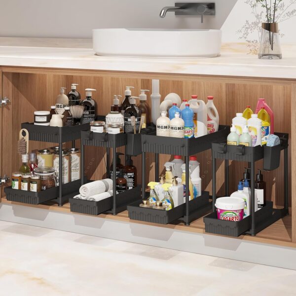 4-Pack Under Sink Organizer, 2-Tier Multi-Use Pull Out Kitchen Bathroom Organizers and Storage with Sliding Drawer, Cabinet Organizer with 2 Hanging Cups and Multi-type Hooks (Black)