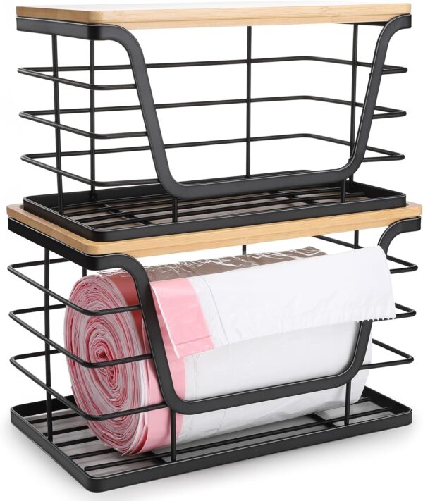 2 Pack Storage Stackable Kitchen Laundry Organizers with Bamboo Top, Wall Mount Large Trash Bag Holder and Standard Garbage Bag Dispenser