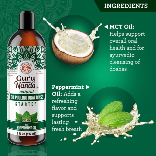 GuruNanda Starter Pulling Oil Mouthwash for Natural Teeth Whitening, Coconut and Peppermint Oil for Fresh Breath & Happy Gums, Alcohol-Free, 8 Oz - Image 3