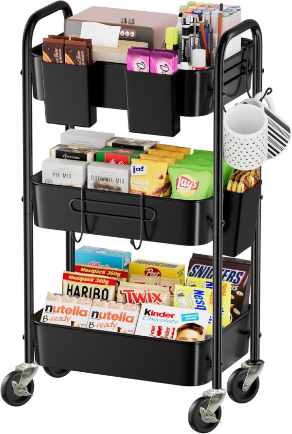 Simple Trending 3 Tier Metal Cart on Wheels, Heavy Duty Rolling Storage Cart with 3 Box and Hooks for Kitchen to Organize Books Snacks Tools, Black