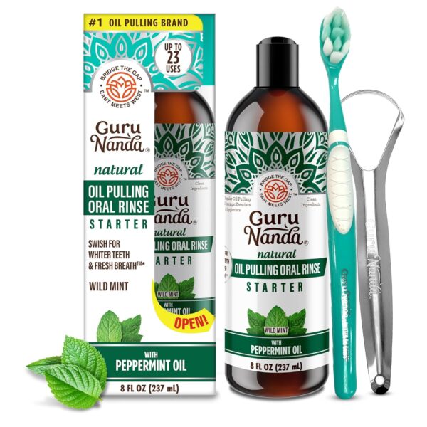 GuruNanda Starter Pulling Oil Mouthwash for Natural Teeth Whitening, Coconut and Peppermint Oil for Fresh Breath & Happy Gums, Alcohol-Free, 8 Oz