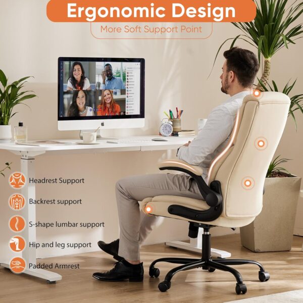 Sweetcrispy Computer Gaming Chair, Ergonomic High Back Heavy Duty Task Desk Office Chairs with Wheels, Flip-up Arms, Adjustable Height, PU Leather, Cream - Image 5