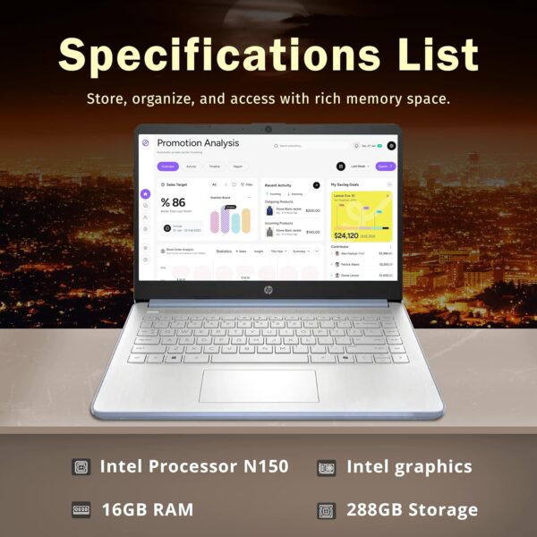 HP 14" HD Anti-Glare Laptop, Intel Processor N150, 16GB RAM, 288GB Storage(128GB SSD+160GB Docking Station Set), Intel Graphics, 1 Year Office 365, Fast Charge, Wi-Fi 6, Win 11 S, Blue - Image 3