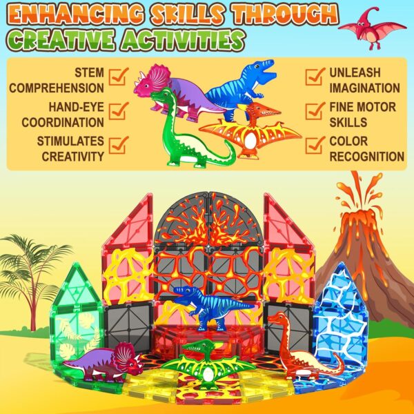 Dinosaur Toys Magnetic Tiles Lava Dinosaur World Set - Magnetic Blocks Building Toys for Kids 3-5 5-7 Girls Boys Toys Age 4-6 6-8, Classroom Must Haves Toddler Sensory Toys for 3+ Year Old Kids Toys - Image 6