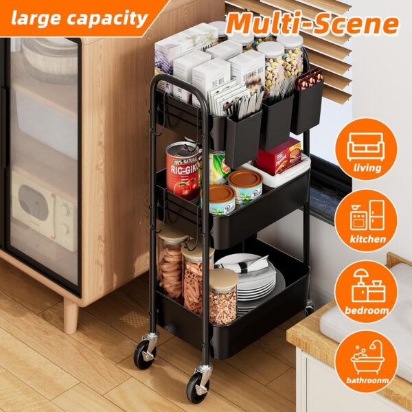 Simple Trending 3 Tier Metal Cart on Wheels, Heavy Duty Rolling Storage Cart with 3 Box and Hooks for Kitchen to Organize Books Snacks Tools, Black - Image 5