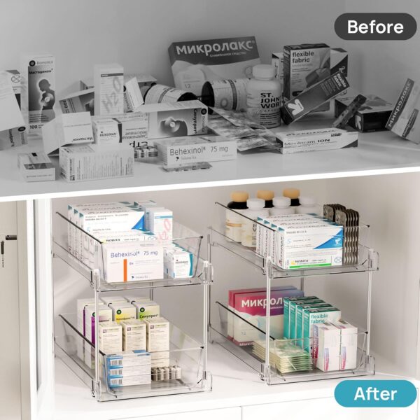 Vtopmart 2 Tier Bathroom Storage Organizer, 2 Pack Clear Under Sink Organizers Vanity Counter Container, Cabinet Drawers Bins, Pull-Out Organization with Track for Pantry, Kitchen - Image 6