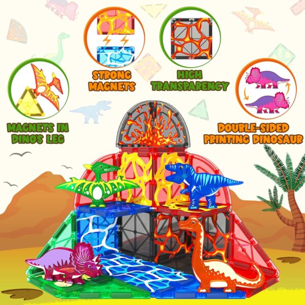 Dinosaur Toys Magnetic Tiles Lava Dinosaur World Set - Magnetic Blocks Building Toys for Kids 3-5 5-7 Girls Boys Toys Age 4-6 6-8, Classroom Must Haves Toddler Sensory Toys for 3+ Year Old Kids Toys - Image 3