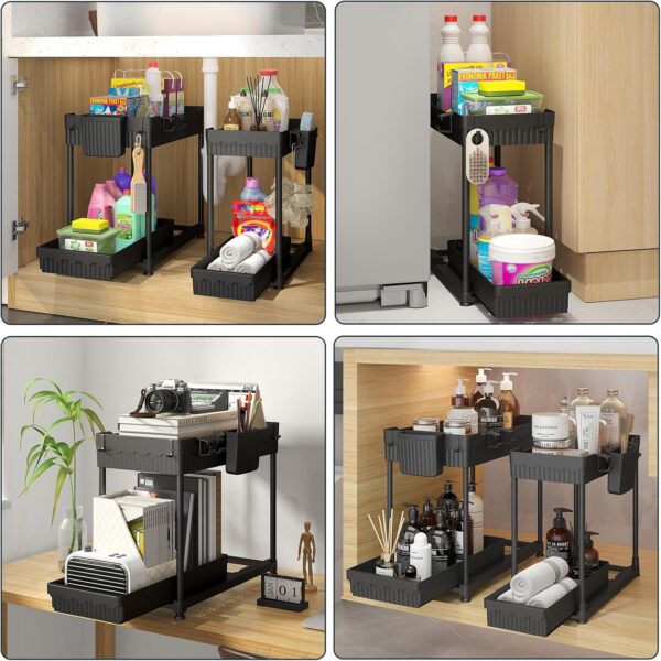 4-Pack Under Sink Organizer, 2-Tier Multi-Use Pull Out Kitchen Bathroom Organizers and Storage with Sliding Drawer, Cabinet Organizer with 2 Hanging Cups and Multi-type Hooks (Black) - Image 4