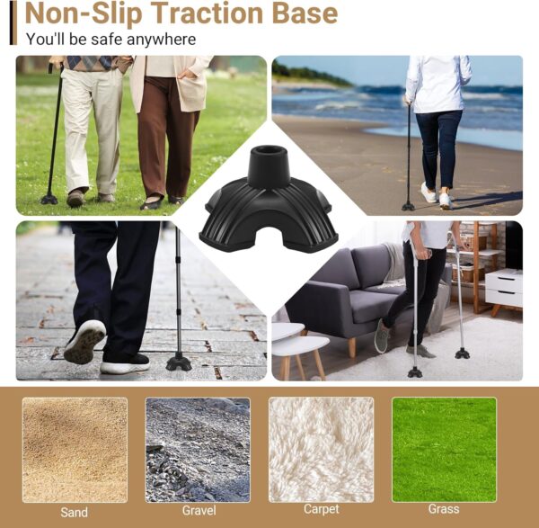 Dotday 2 Pack Cane Tips for Stability, Self Standing Cane Base for Most Walking Canes, Walking Sticks, Folding Canes, Non-Slip Replacement Quad Cane Tip, Heavy Duty 4 Prong Rubber Cane Foot Pad, Black - Image 3